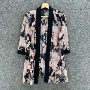 R&M Richards Top Women 14P Petite Beige Floral Open Front 3/4 Sleeve Casual